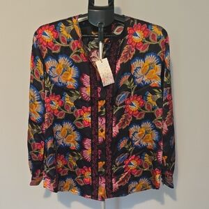 Johnny Was Floral Button Down Silk Shirt